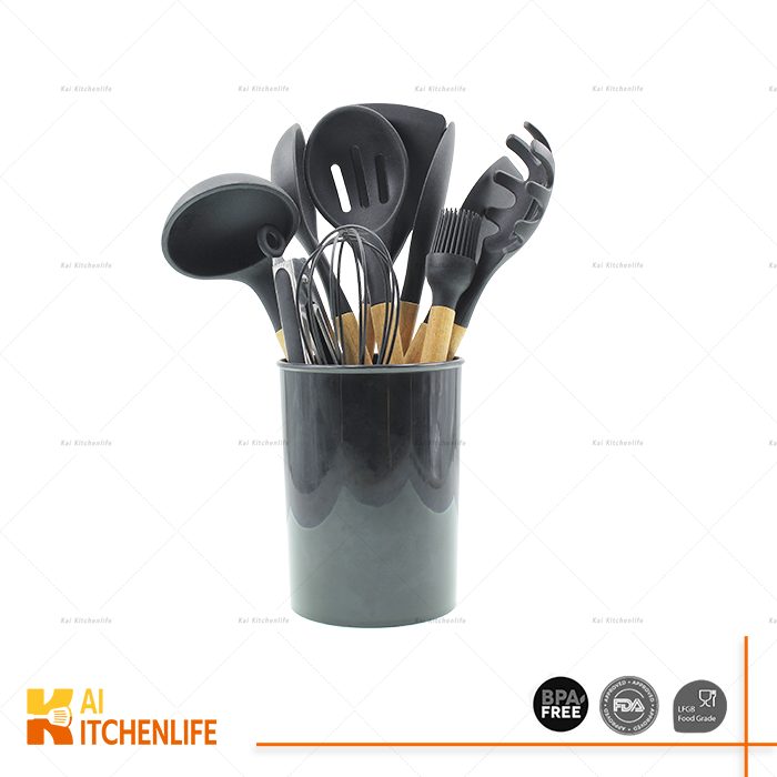 D00400 - 12Pcs Silicone Cooking Utensils Set With Wooden Handle | Kai Kitchenlife